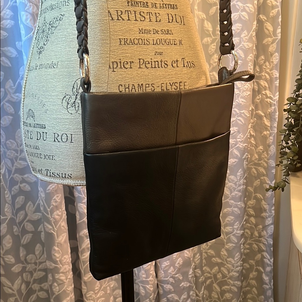 “ Brighton” Black and Platinum Leather Crossbody Bag